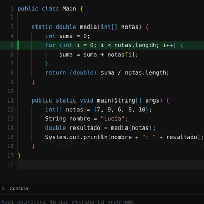 Un programa en Java en el editor