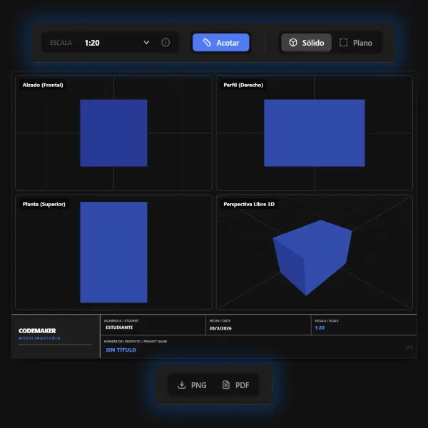 Módulo de planos técnicos de ModelingStudio: alzado, perfil, planta y perspectiva en sistema europeo