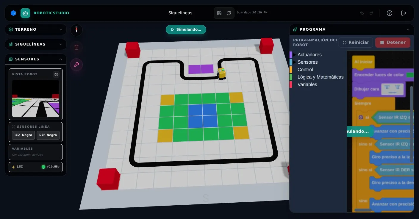 RoboticStudio con un robot siguiendo un circuito de línea negra y el programa de bloques al lado