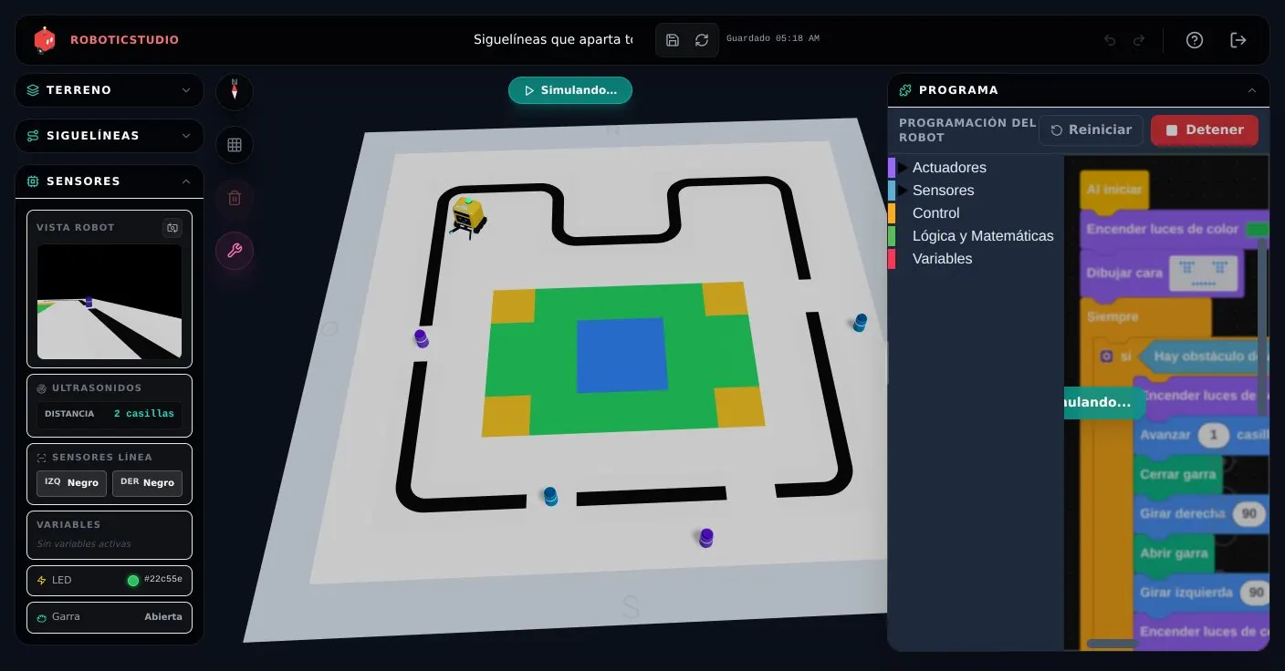 El ejemplo «Siguelíneas que aparta totems»: el robot con la garra, los totems sobre la línea y el programa con la regla del obstáculo en primer lugar