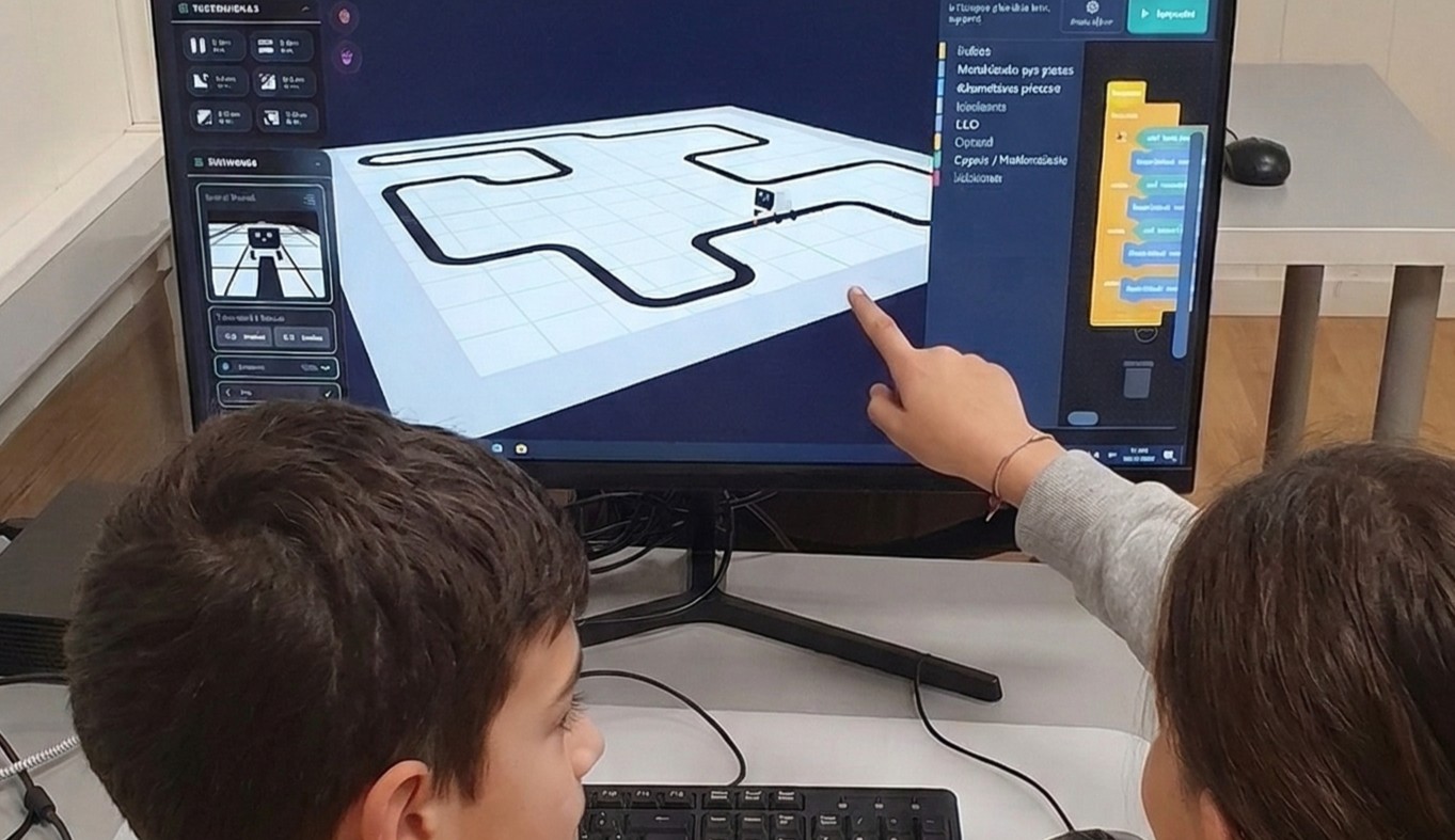 Alumnos trabajando con el simulador de robótica de Codemaker en clase